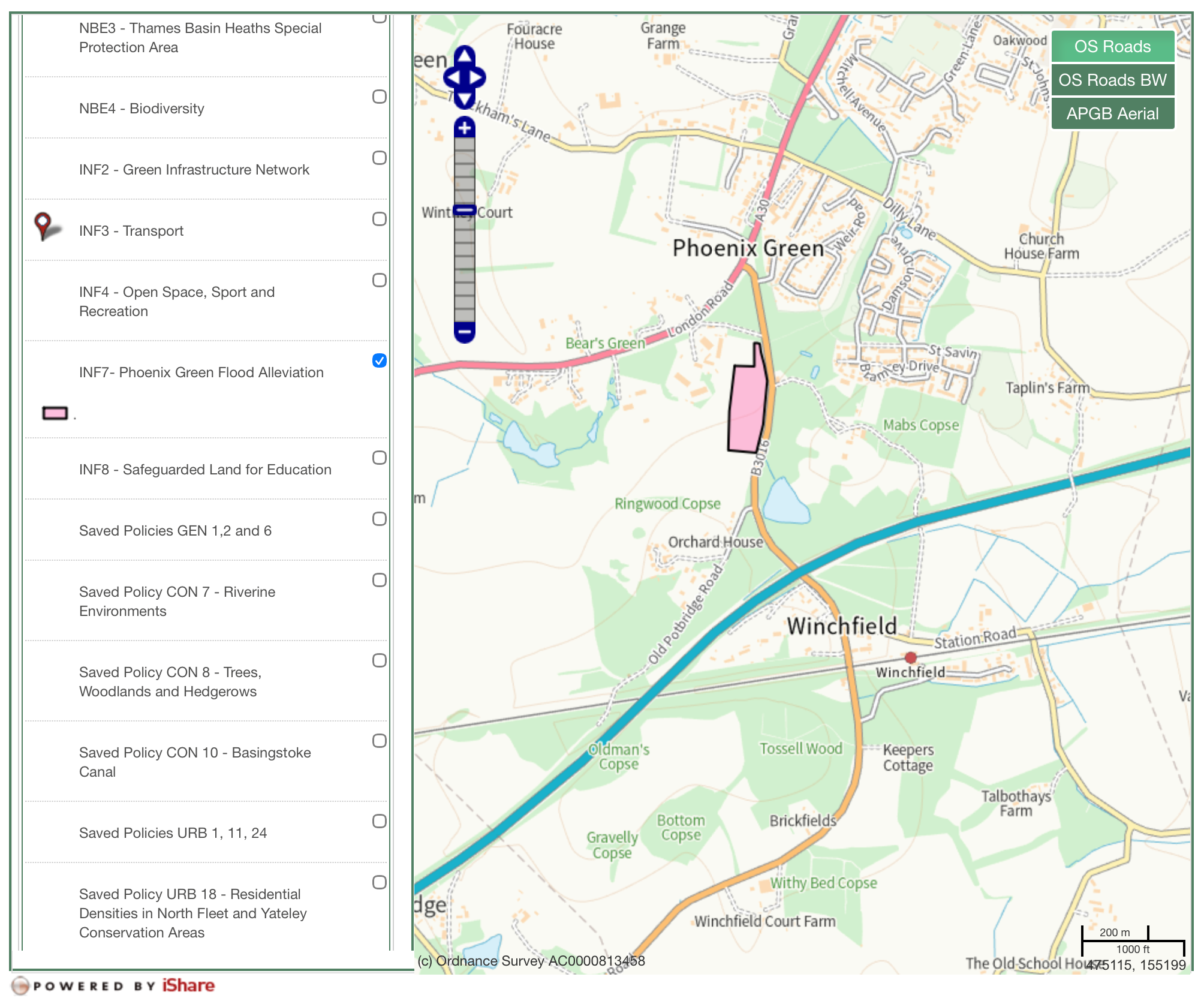 Hart policies map extract showing the Phoenix Green INF7 designated flood alleviation zone